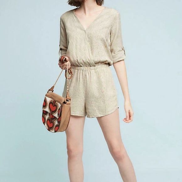 Anthropologie Cloth & Stone medium Snake Print Long Sleeve Romper Linen boho bea - Picture 1 of 16